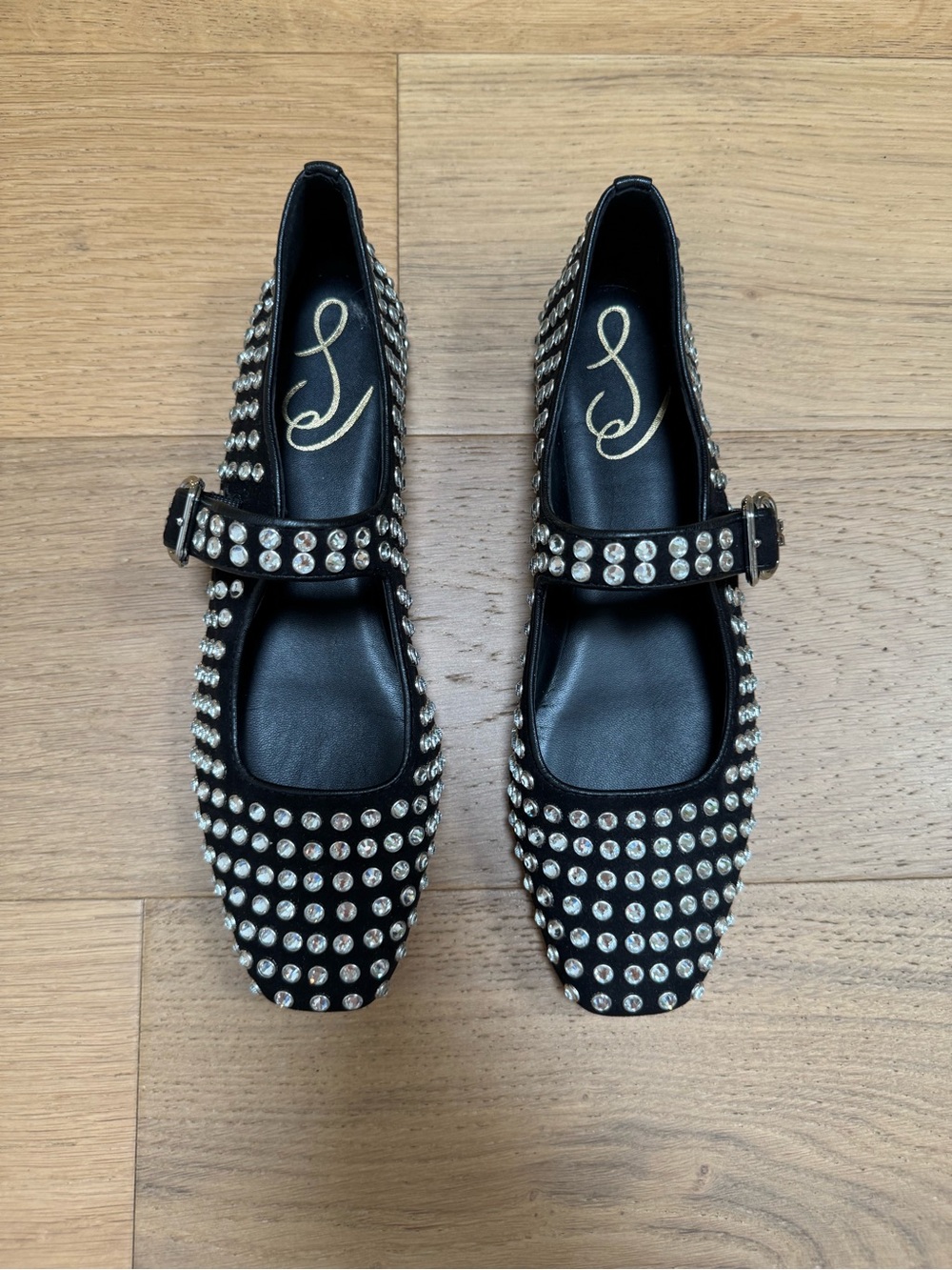 Sam Edelman 7.5 Embellished Black Mary Jane Flats with Crystal Studs